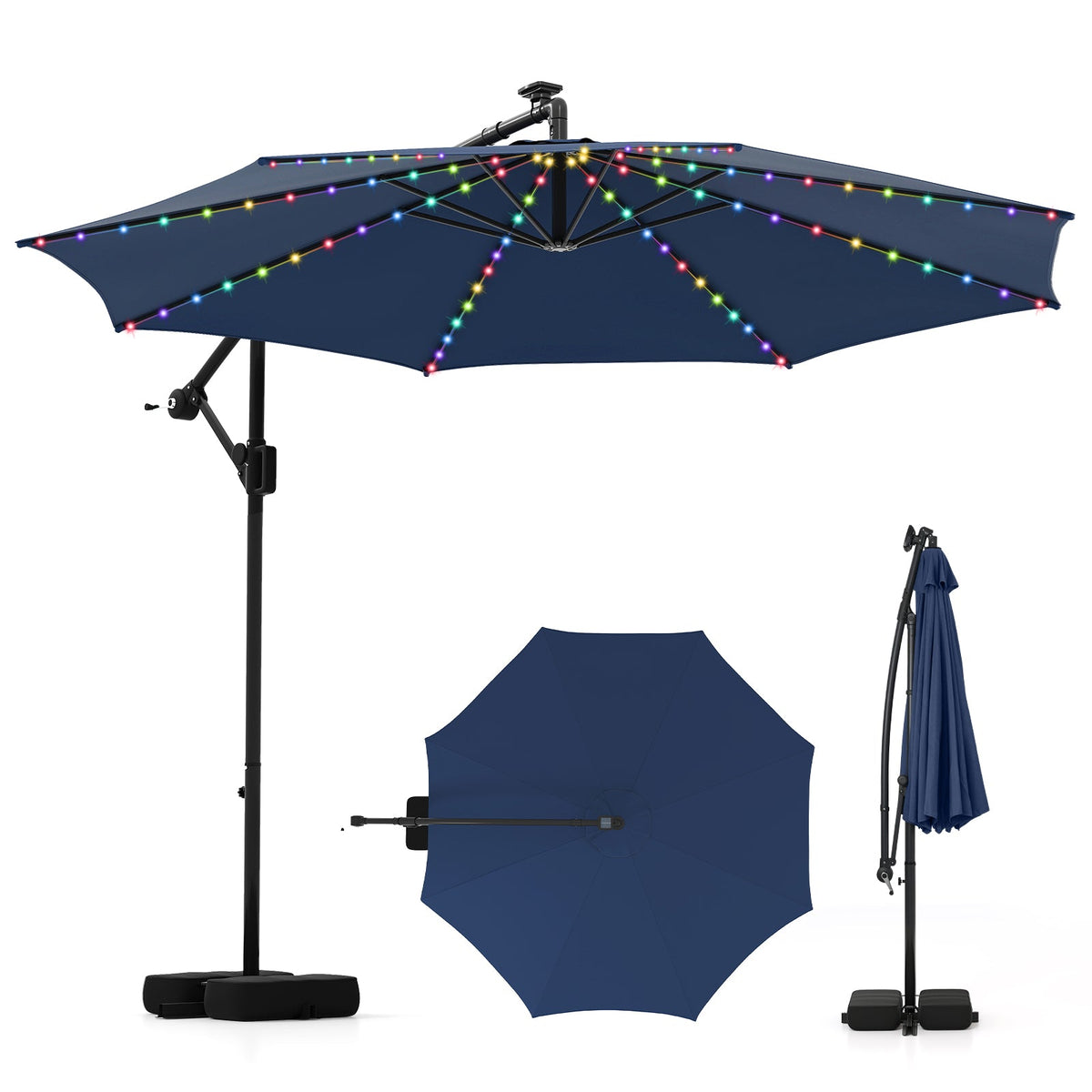 10 Feet Solar Offset Hanging Umbrella with Base and LED Lights