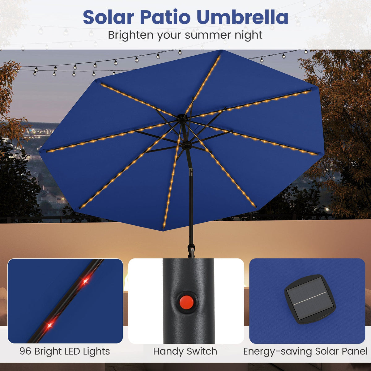 10 Feet Solar Patio Umbrella with 96 Multi-Colored Flowing LED Lights and Tilt Adjustment