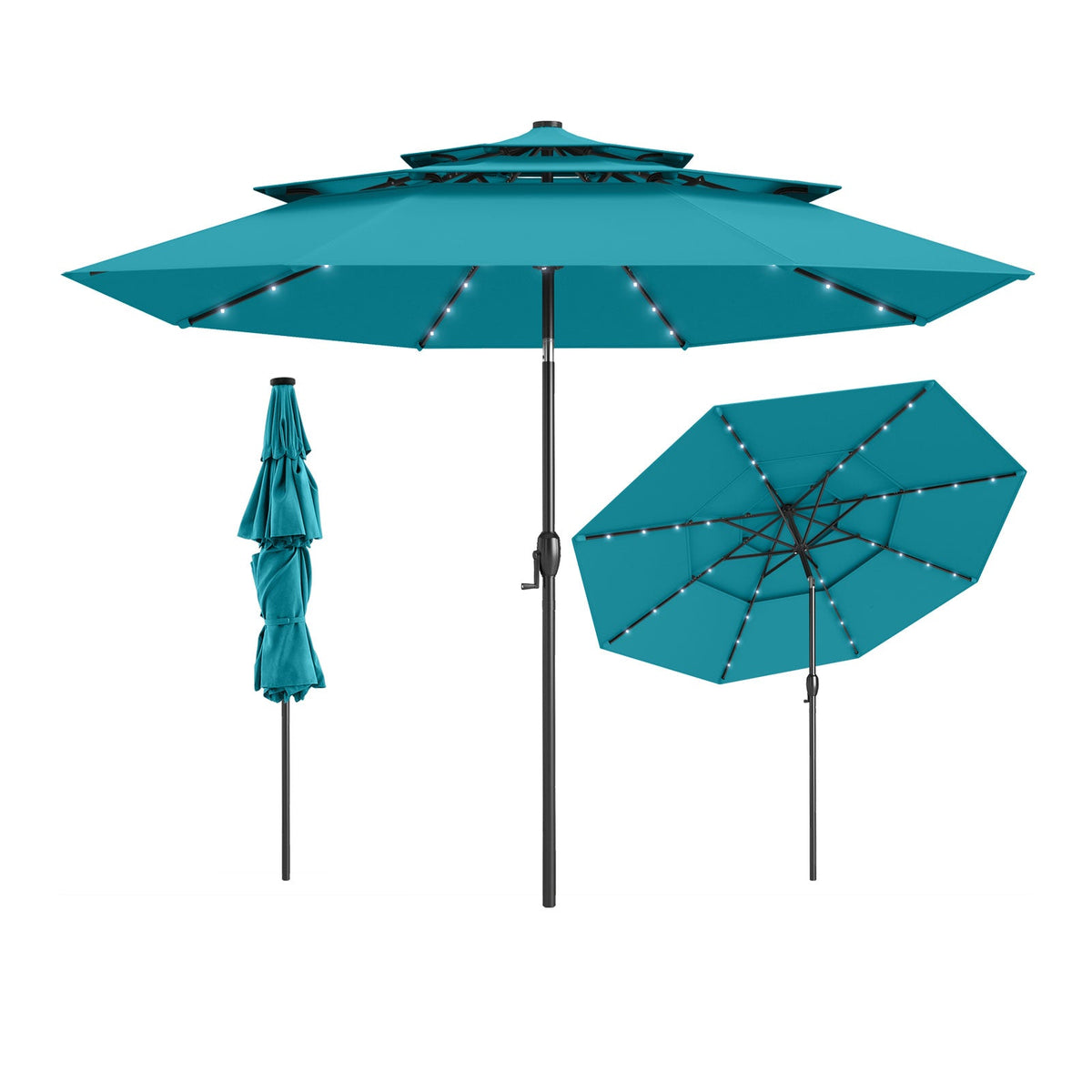 10 Feet Solar Patio Umbrella with 32 LED Lights 3-Tier Vented Top