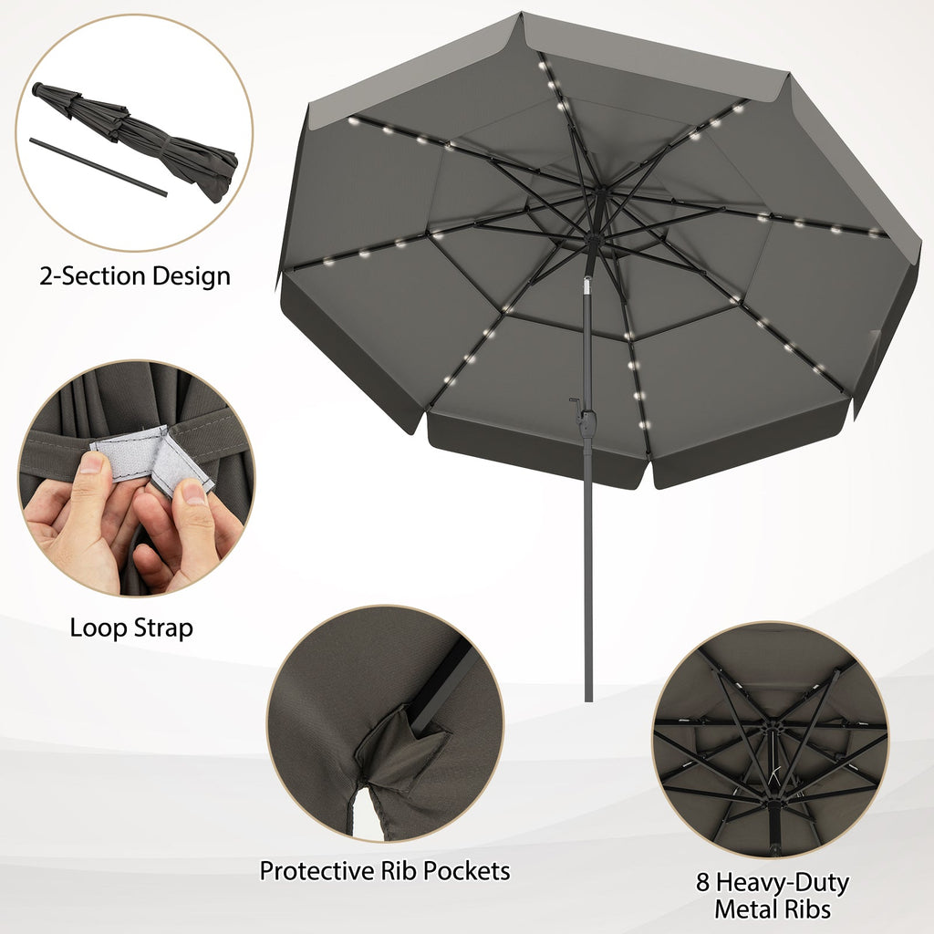 10 Feet Solar Patio Umbrella with 3-Tier Vented Top
