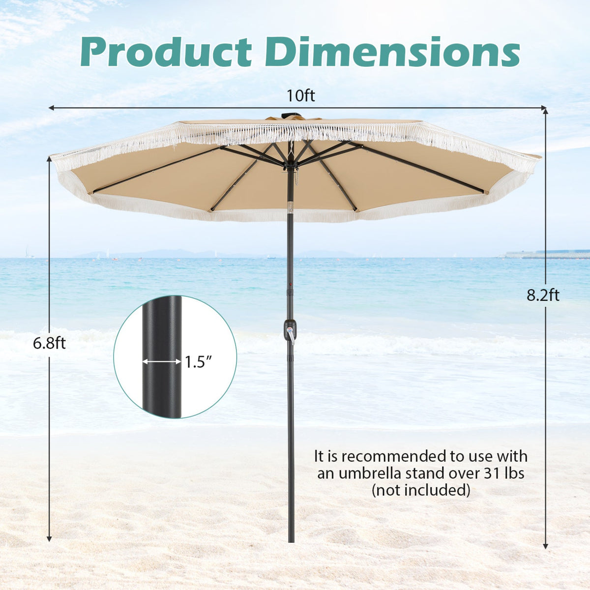 10 Feet Solar Patio Umbrella with 24 LED Lights for Yard