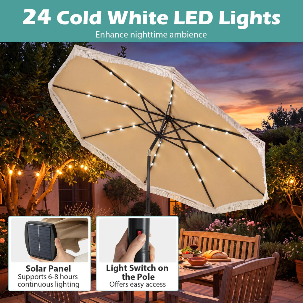 10 Feet Solar Patio Umbrella with 24 LED Lights for Yard