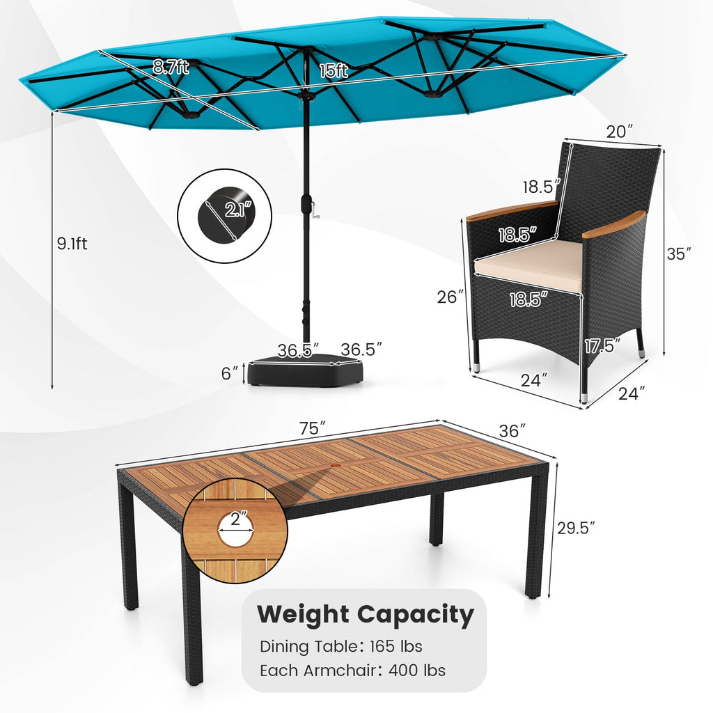 10 Piece Outdoor Dining Set with 15 Feet Double-Sided Twin Umbrella