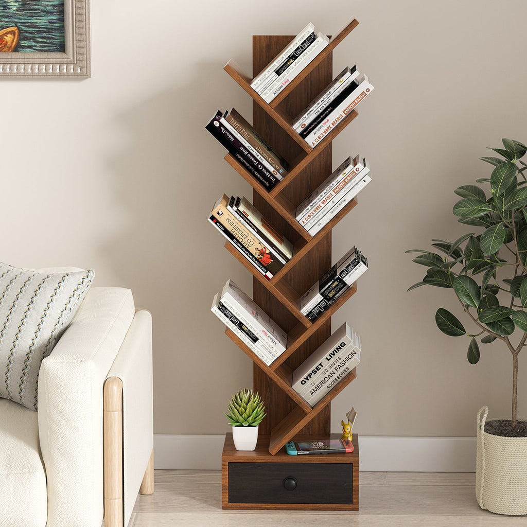 10-Tier Tree Bookshelf with Drawer and Anti-Tipping Kit