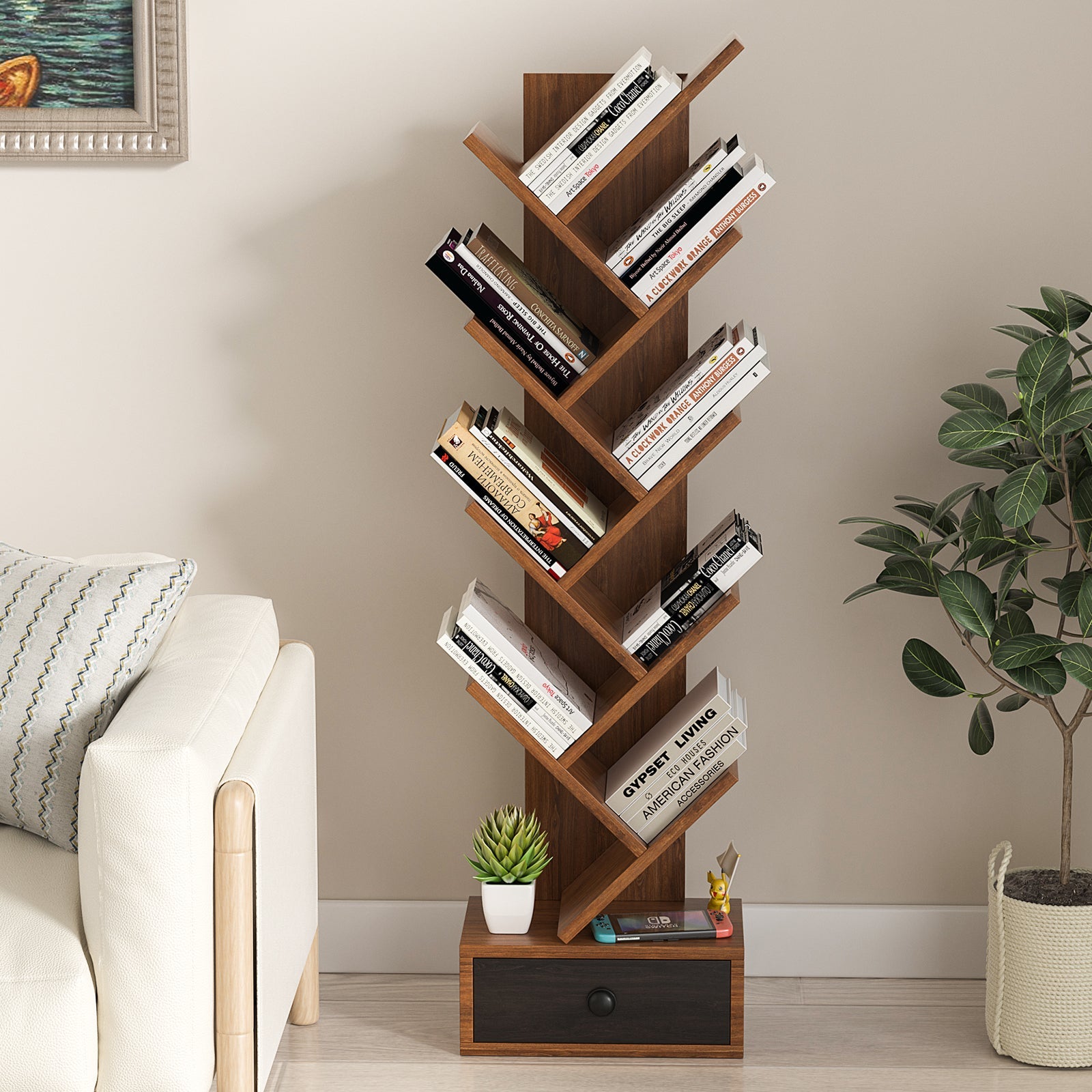 10-Tier Tree Bookshelf with Drawer and Anti-Tipping Kit