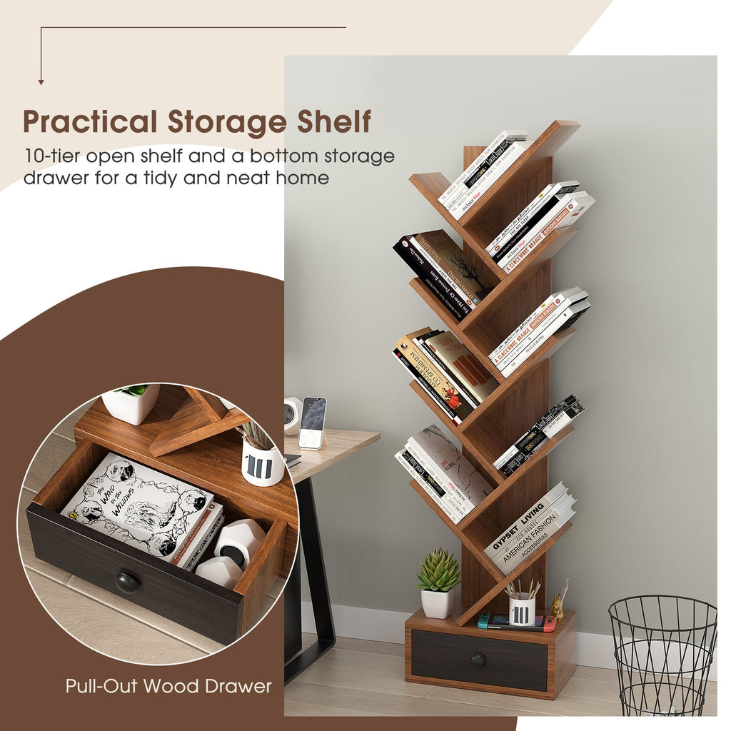 10-Tier Tree Bookshelf with Drawer and Anti-Tipping Kit