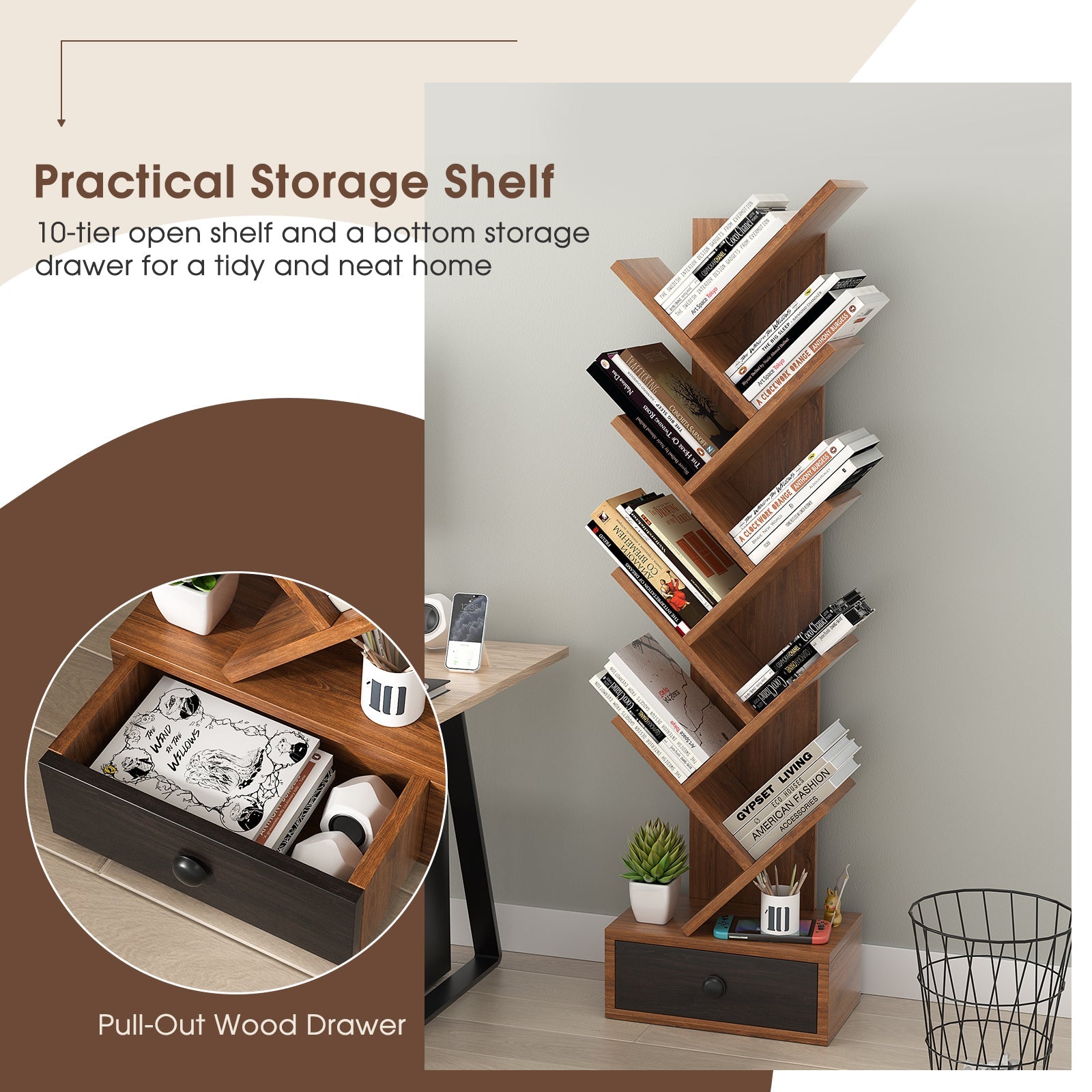 10-Tier Tree Bookshelf with Drawer and Anti-Tipping Kit