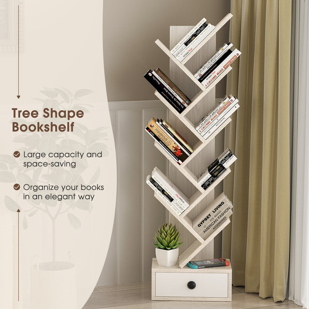 10-Tier Tree Bookshelf with Drawer and Anti-Tipping Kit
