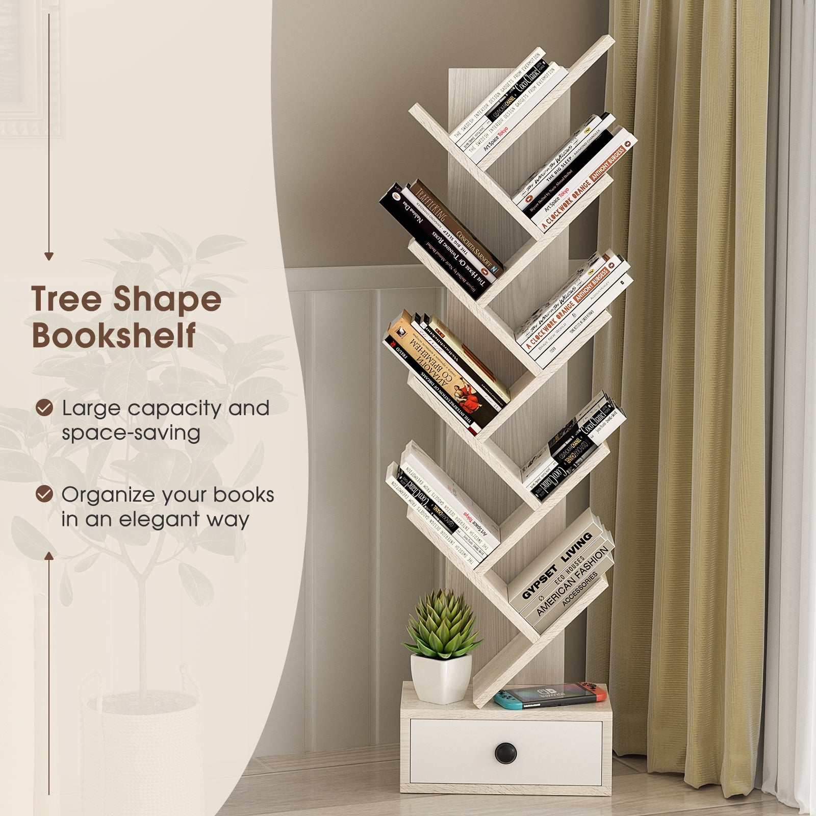 10-Tier Tree Bookshelf with Drawer and Anti-Tipping Kit