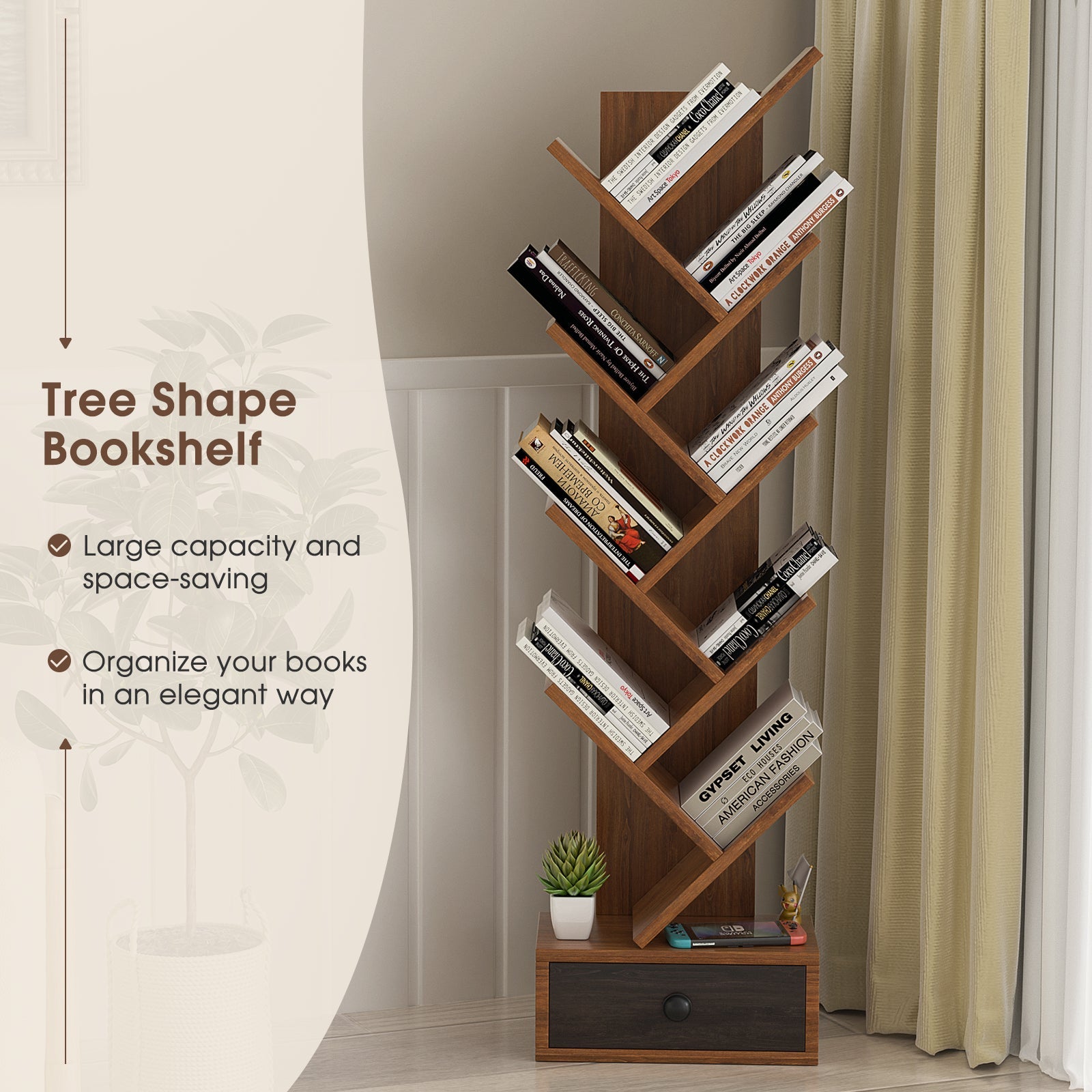 10-Tier Tree Bookshelf with Drawer and Anti-Tipping Kit
