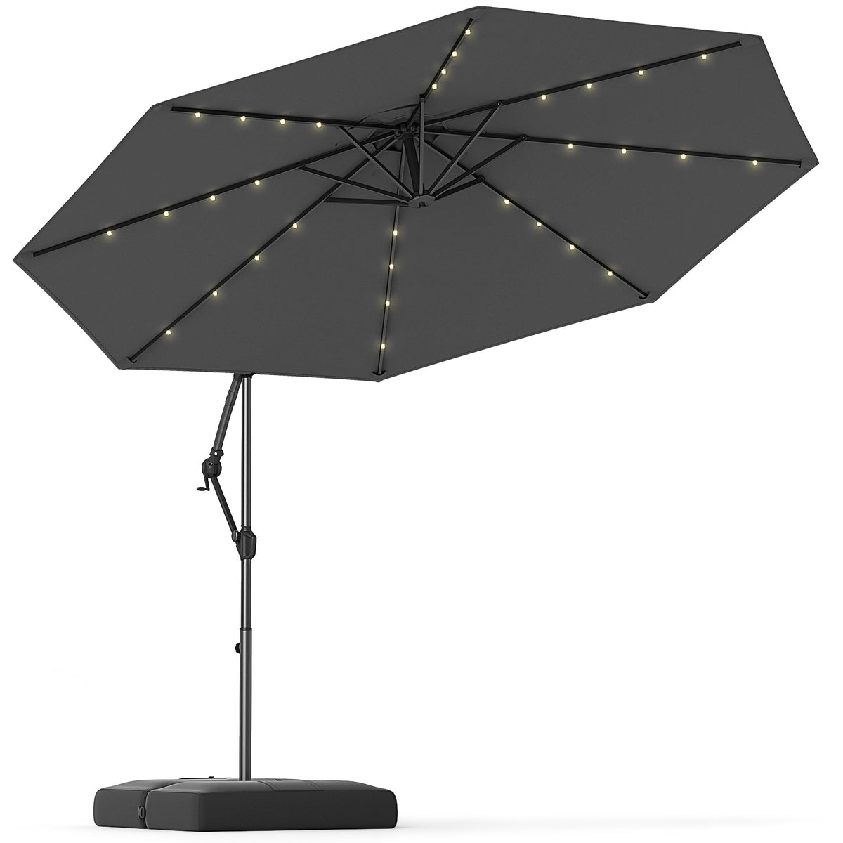 10 Feet Solar Offset Hanging Umbrella with Base and 32 LED Lights-Gray