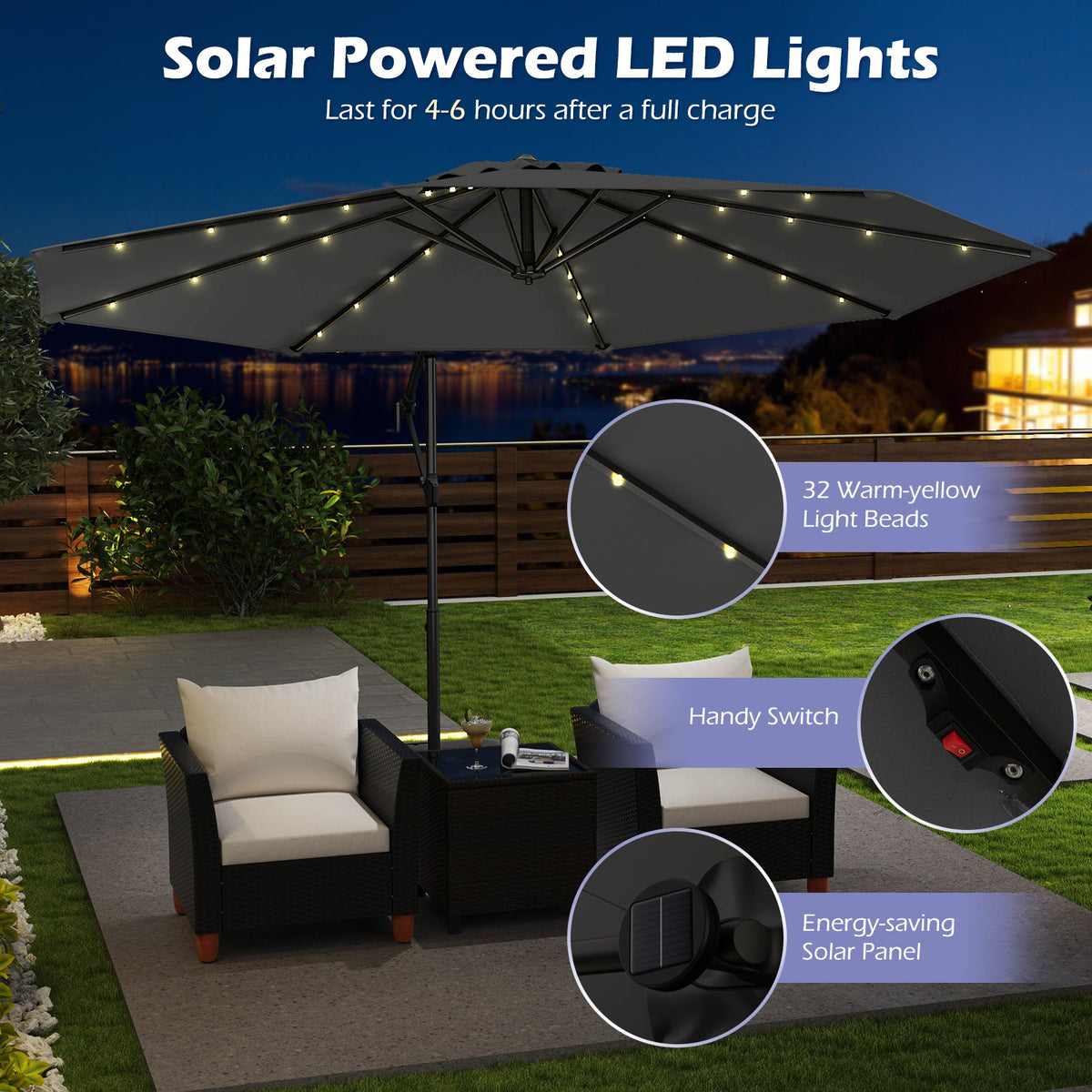 10 Feet Solar Offset Hanging Umbrella with Base and 32 LED Lights-Gray