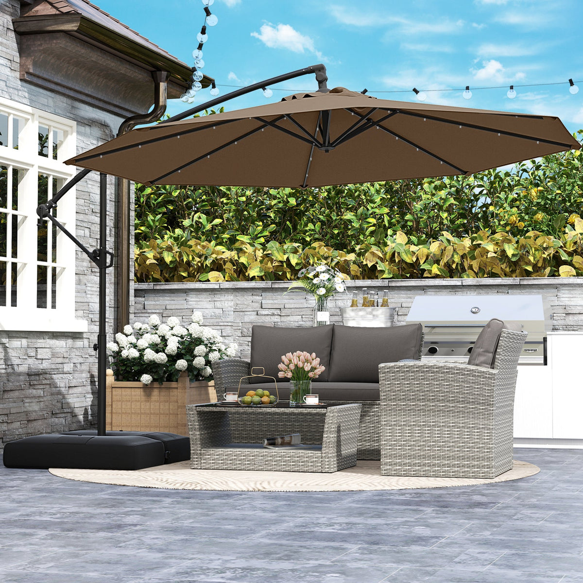 10 Feet Solar Offset Hanging Umbrella with Base and 32 LED Lights-Taupe
