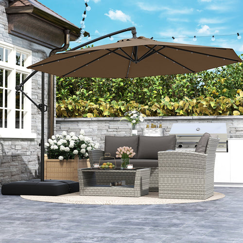10 Feet Solar Offset Hanging Umbrella with Base and 32 LED Lights-Taupe
