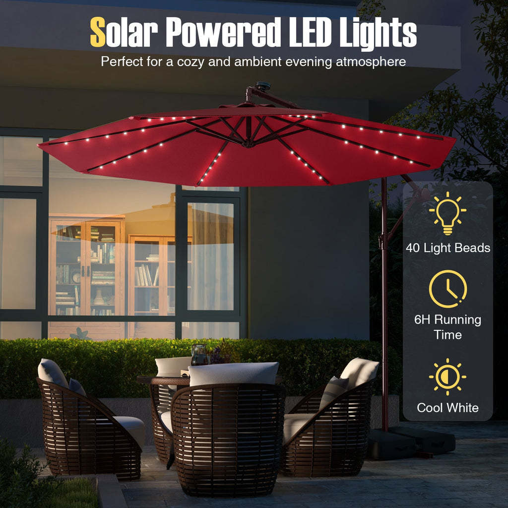 10 Ft Patio Umbrella Offset Cantilever Umbrella with 40 Solar Powered Lights