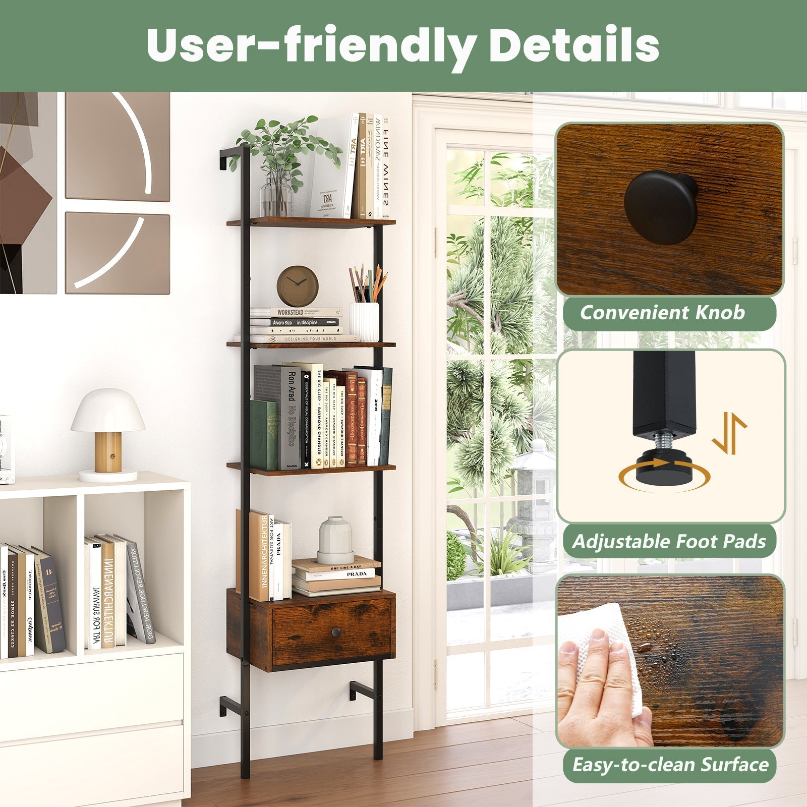 5-Tier Ladder Bookcase with Drawer and Metal Frame for Study Home Office-Rustic Brown