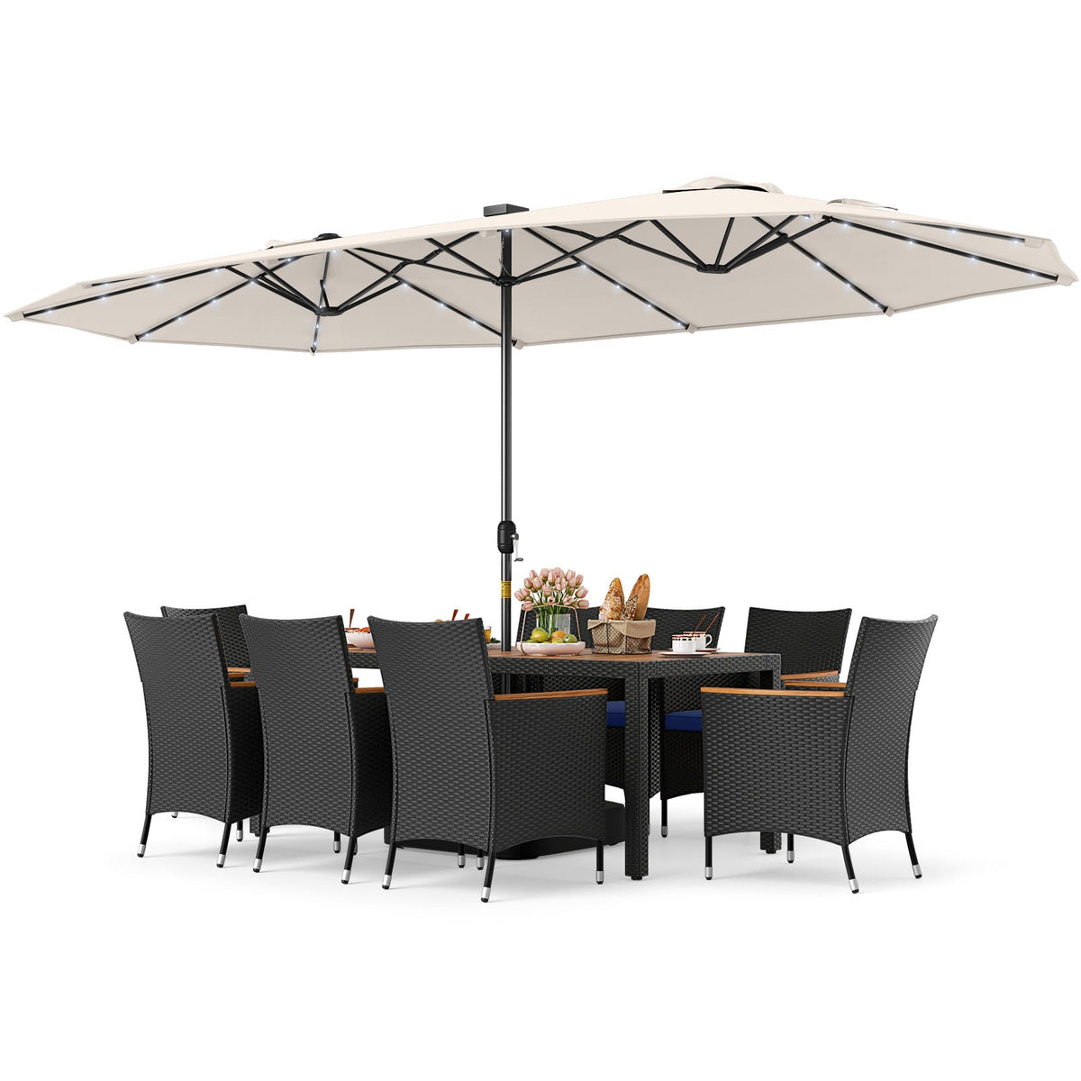 11 Pieces Patio Dining Set with LED Patio Umbrella with Base and Seat Cushions (Navy)
