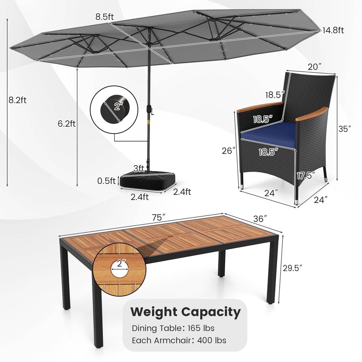 11 Pieces Patio Dining Set with LED Patio Umbrella with Base and Seat Cushions (Navy)