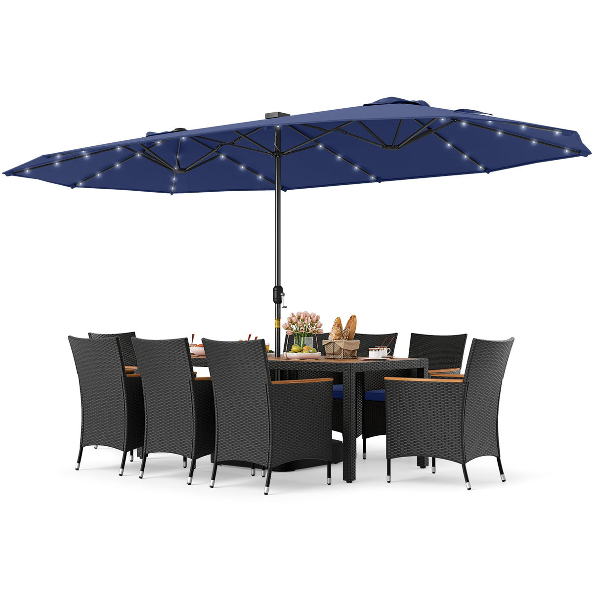11 Pieces Patio Dining Set with LED Patio Umbrella with Base and Seat Cushions (Navy)