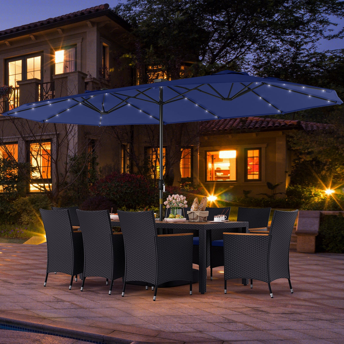 11 Pieces Patio Dining Set with LED Patio Umbrella with Base and Seat Cushions (Navy)