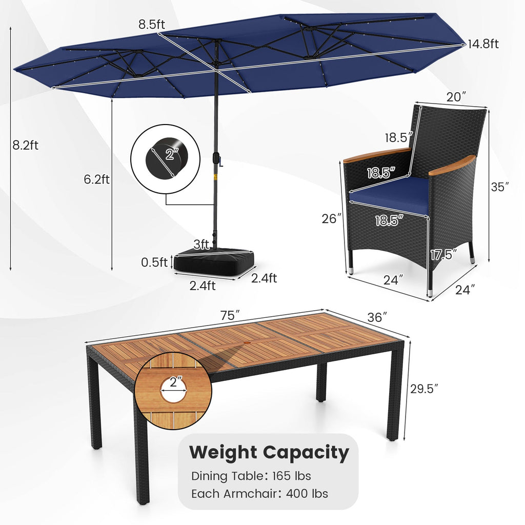11 Pieces Patio Dining Set with LED Patio Umbrella with Base and Seat Cushions (Navy)