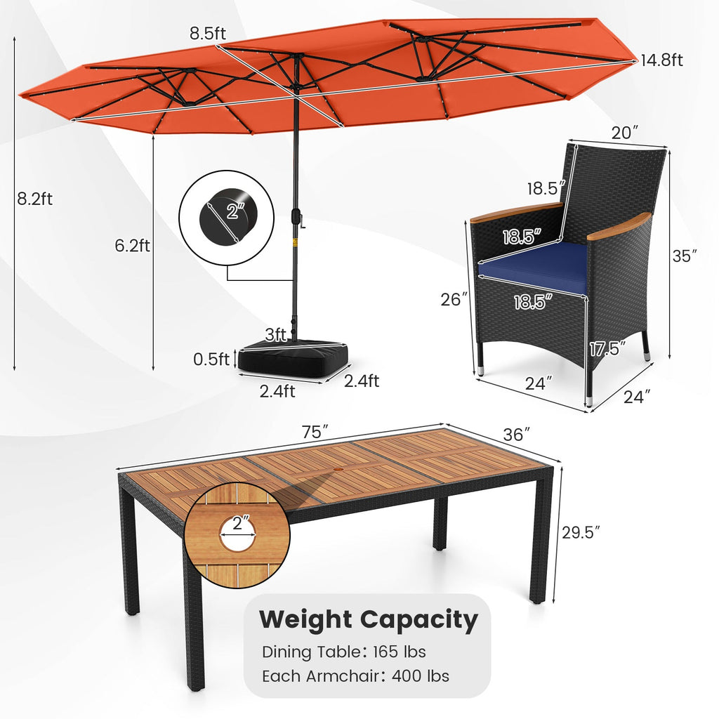 11 Pieces Patio Dining Set with LED Patio Umbrella with Base and Seat Cushions (Navy)