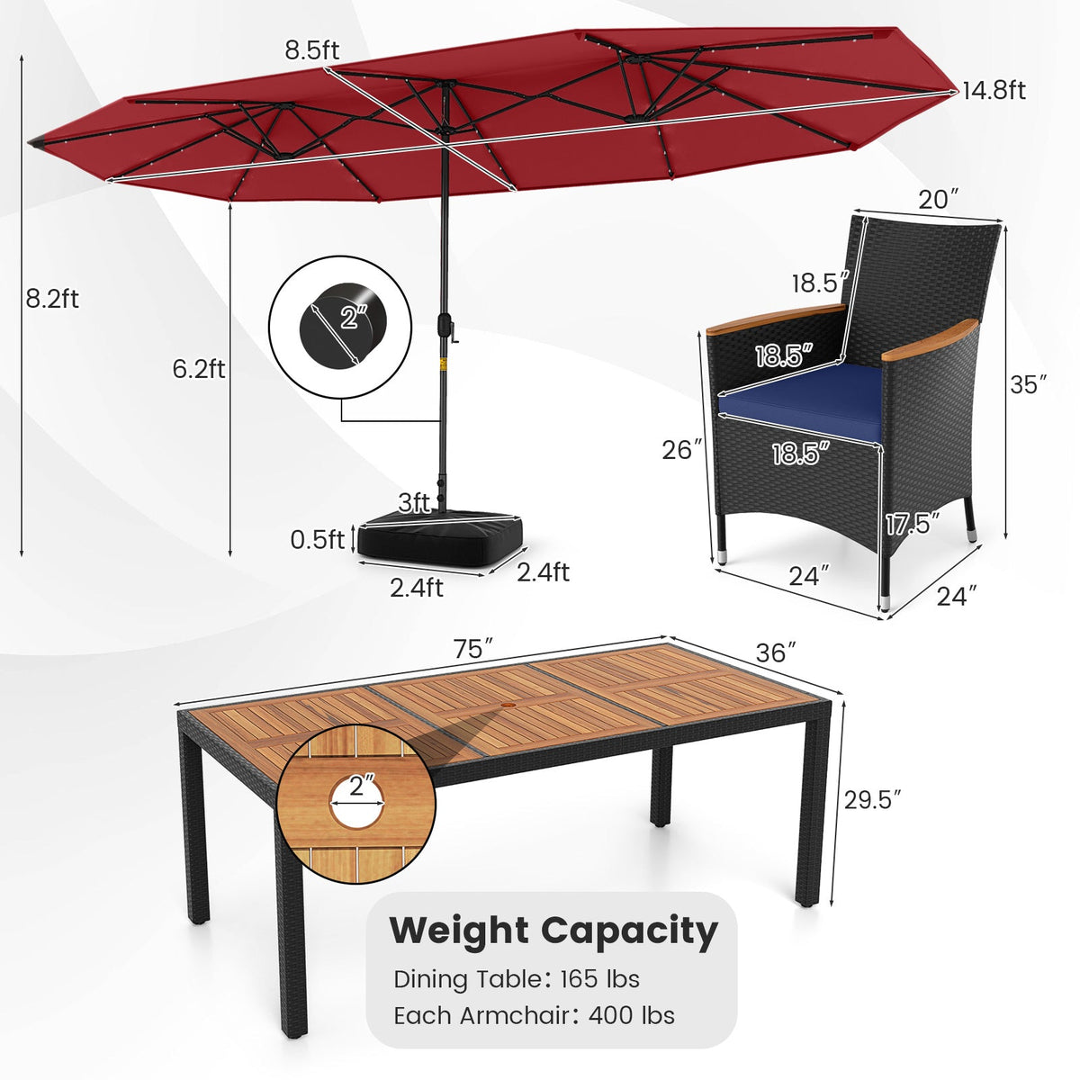 11 Pieces Patio Dining Set with LED Patio Umbrella with Base and Seat Cushions (Navy)