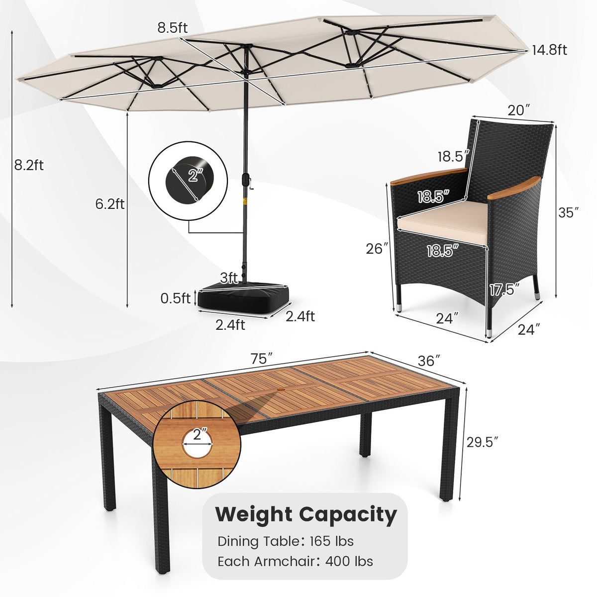 11 Pieces Patio Dining Set with LED Patio Umbrella with Base and Seat Cushions (Beige)