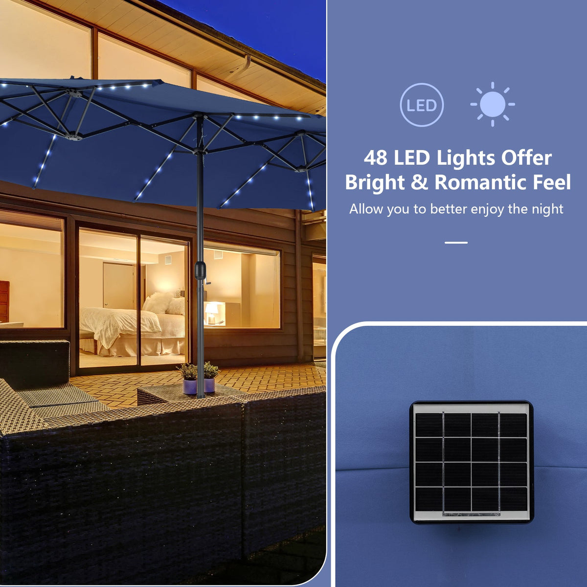 11 Pieces Patio Dining Set with LED Patio Umbrella with Base and Seat Cushions (Beige)