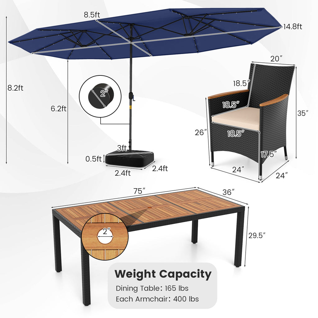 11 Pieces Patio Dining Set with LED Patio Umbrella with Base and Seat Cushions (Beige)