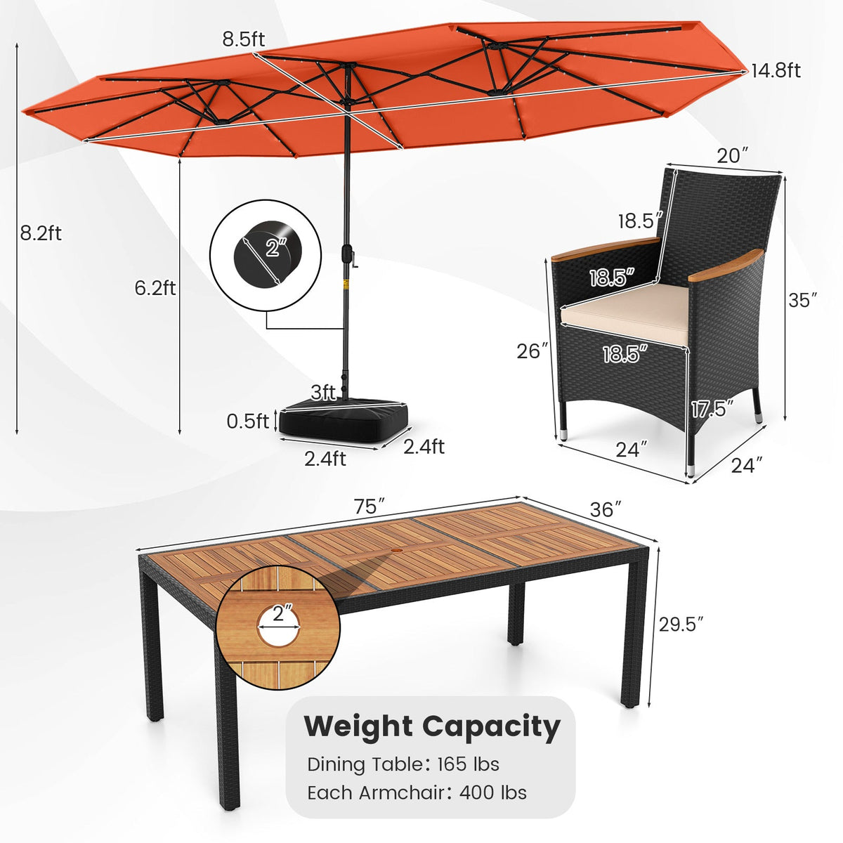 11 Pieces Patio Dining Set with LED Patio Umbrella with Base and Seat Cushions (Beige)