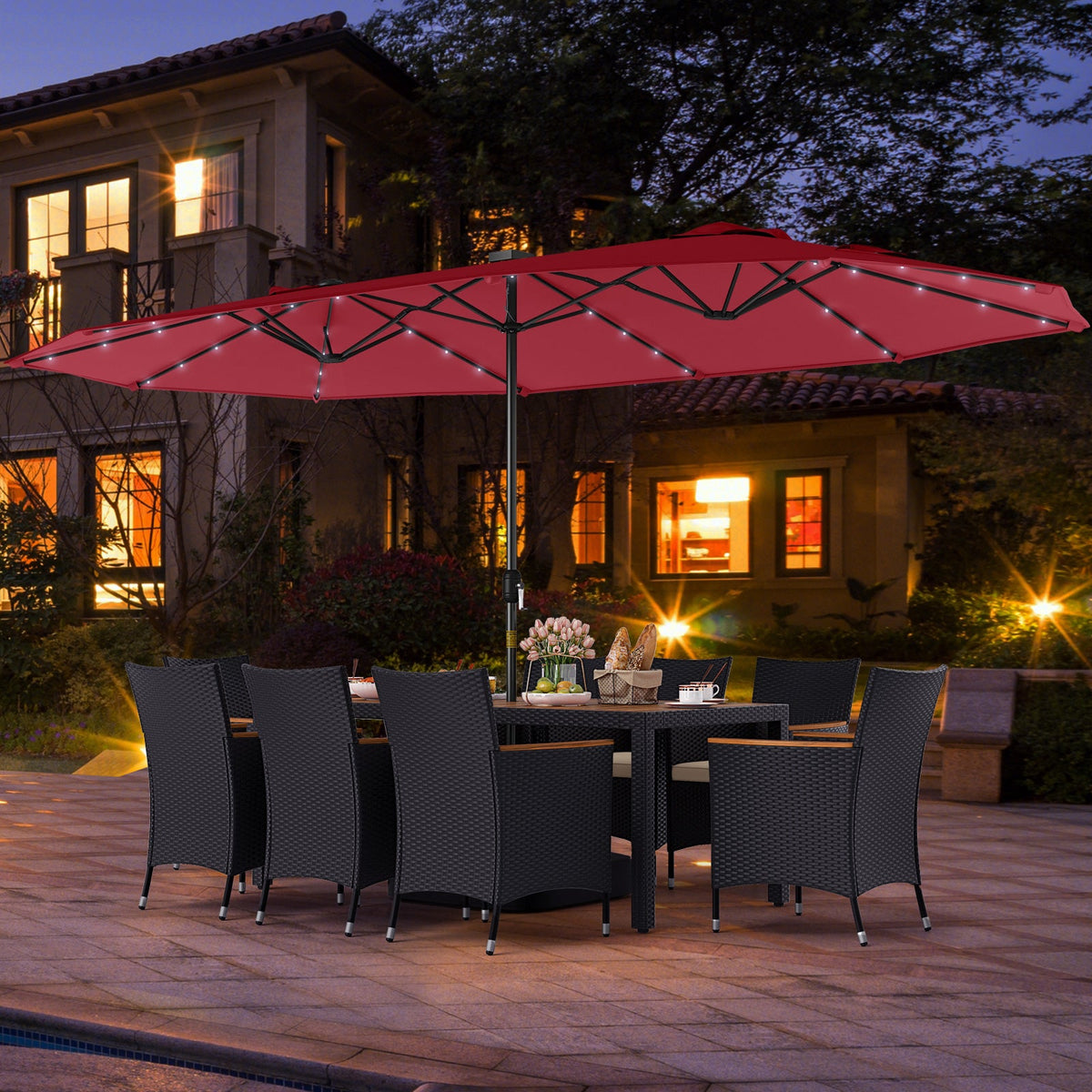 11 Pieces Patio Dining Set with LED Patio Umbrella with Base and Seat Cushions (Beige)