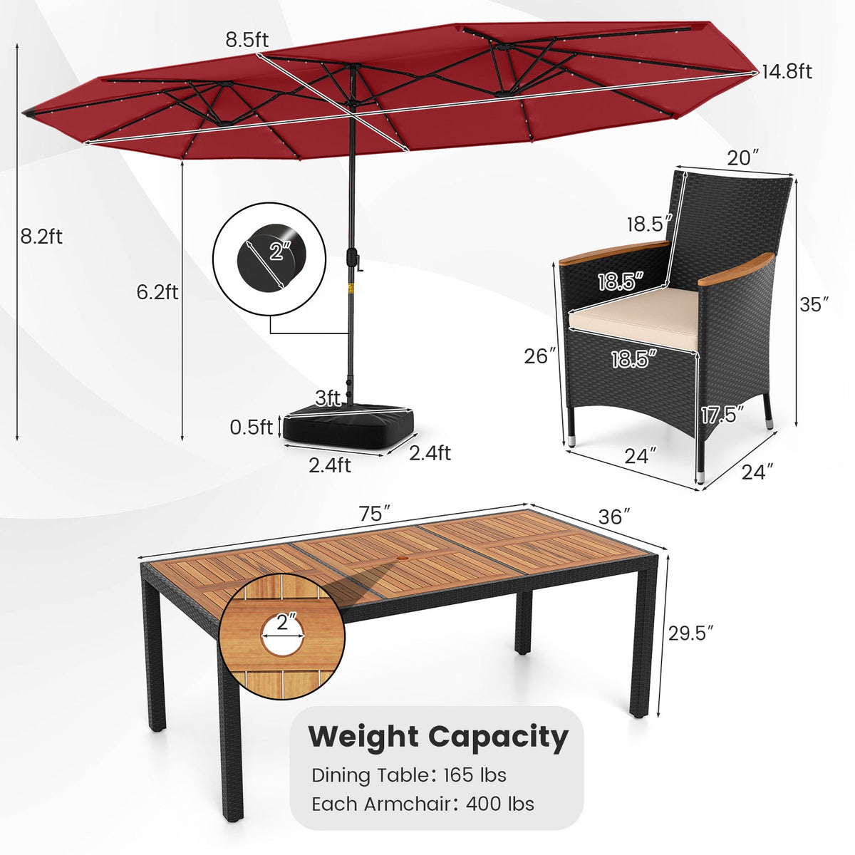 11 Pieces Patio Dining Set with LED Patio Umbrella with Base and Seat Cushions (Beige)