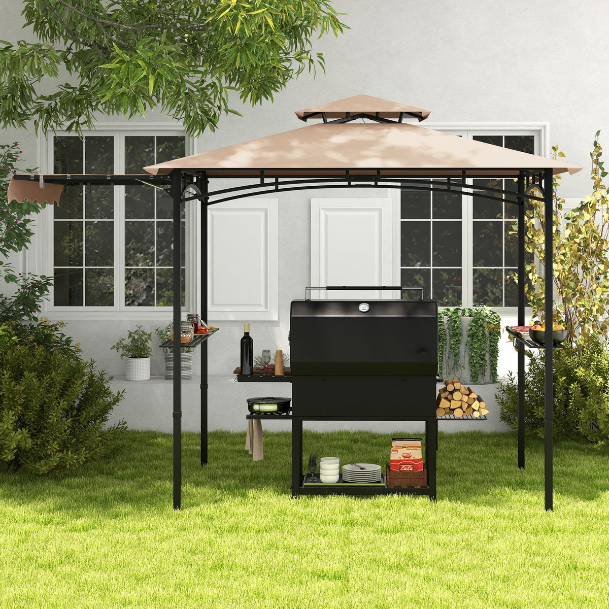 11 x 5 FT Grill Gazebo with Side Awning and Double-Tiered Top