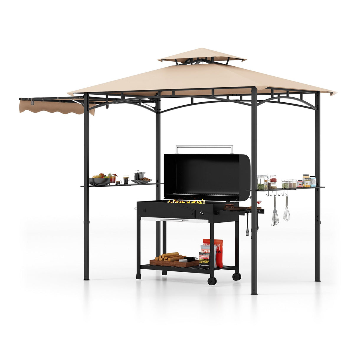 11 x 5 FT Grill Gazebo with Side Awning and Double-Tiered Top