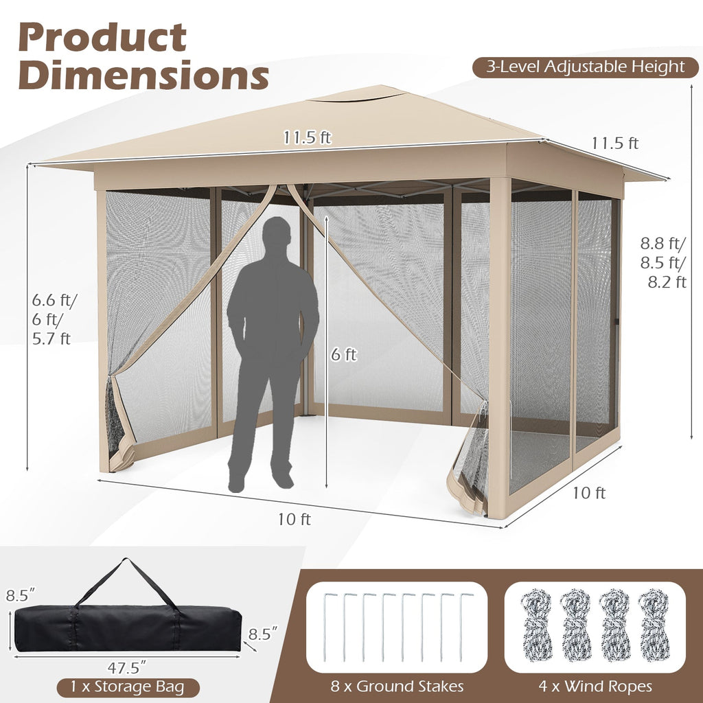 11.5 x 11.5 FT Pop-up Canopy Instant One-Person Setup with Mesh Screen Netting