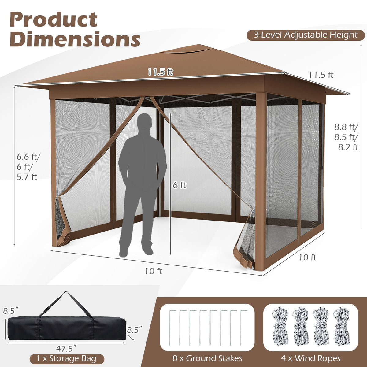 11.5 x 11.5 FT Pop-up Canopy Instant One-Person Setup with Mesh Screen Netting