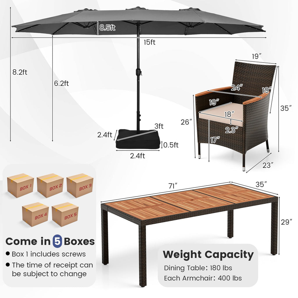 11 Pieces Patio Dining Set with 15 Feet Double-Sided Patio Umbrella and Base
