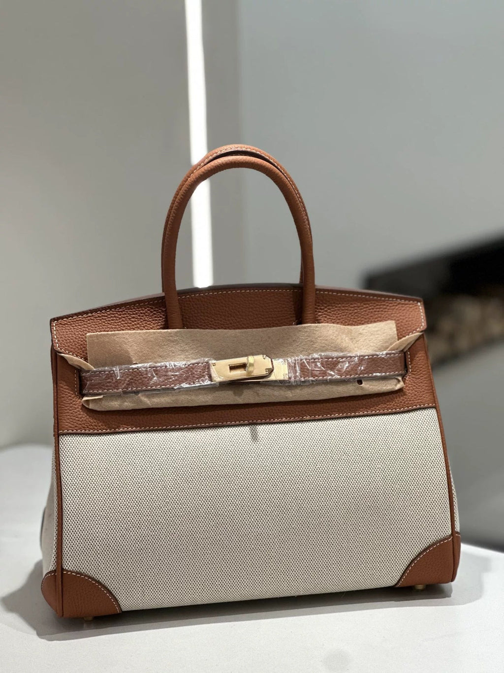 New Cross-border Genuine Leather Birkin Bag, Cowhide With Fabric Large Tote, Commuter Handbag With A High-end Kelly Bag Feel