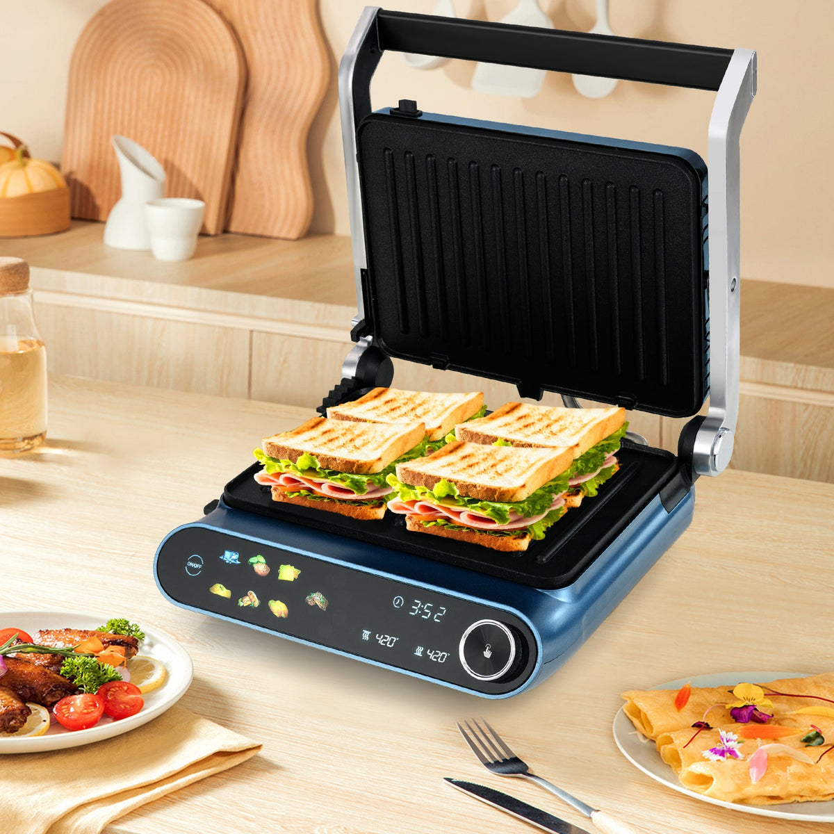 1200W Panini Press Grill with LED Display and 7 Grilling Modes-Blue