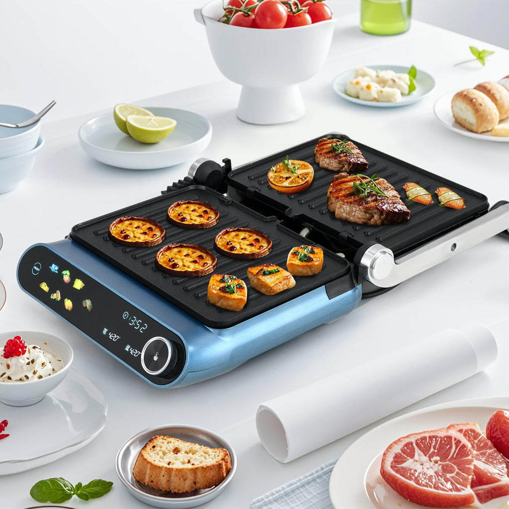 1200W Panini Press Grill with LED Display and 7 Grilling Modes-Blue