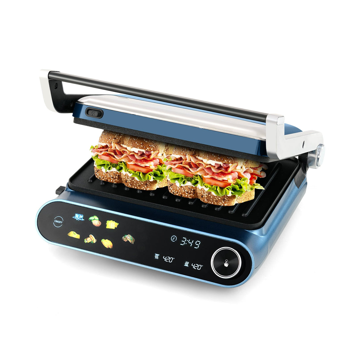 1200W Panini Press Grill with LED Display and 7 Grilling Modes-Blue