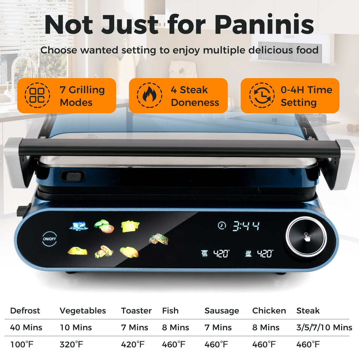 1200W Panini Press Grill with LED Display and 7 Grilling Modes-Blue