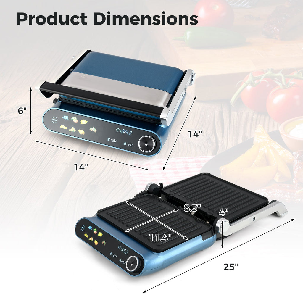 1200W Panini Press Grill with LED Display and 7 Grilling Modes-Blue