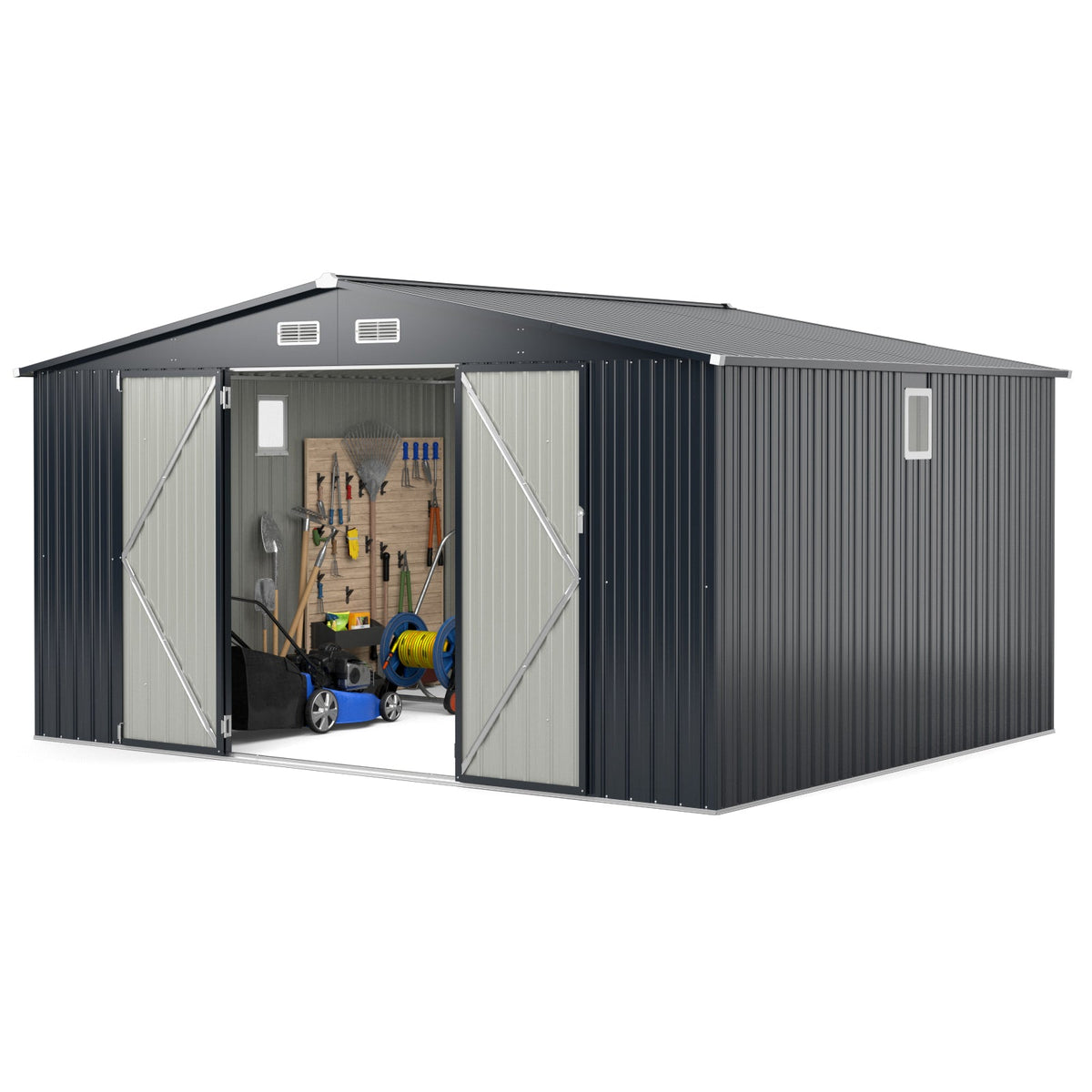12 x 9.8 Feet Outdoor Storage Shed with Lockable Door and Pitched Roof-Gray
