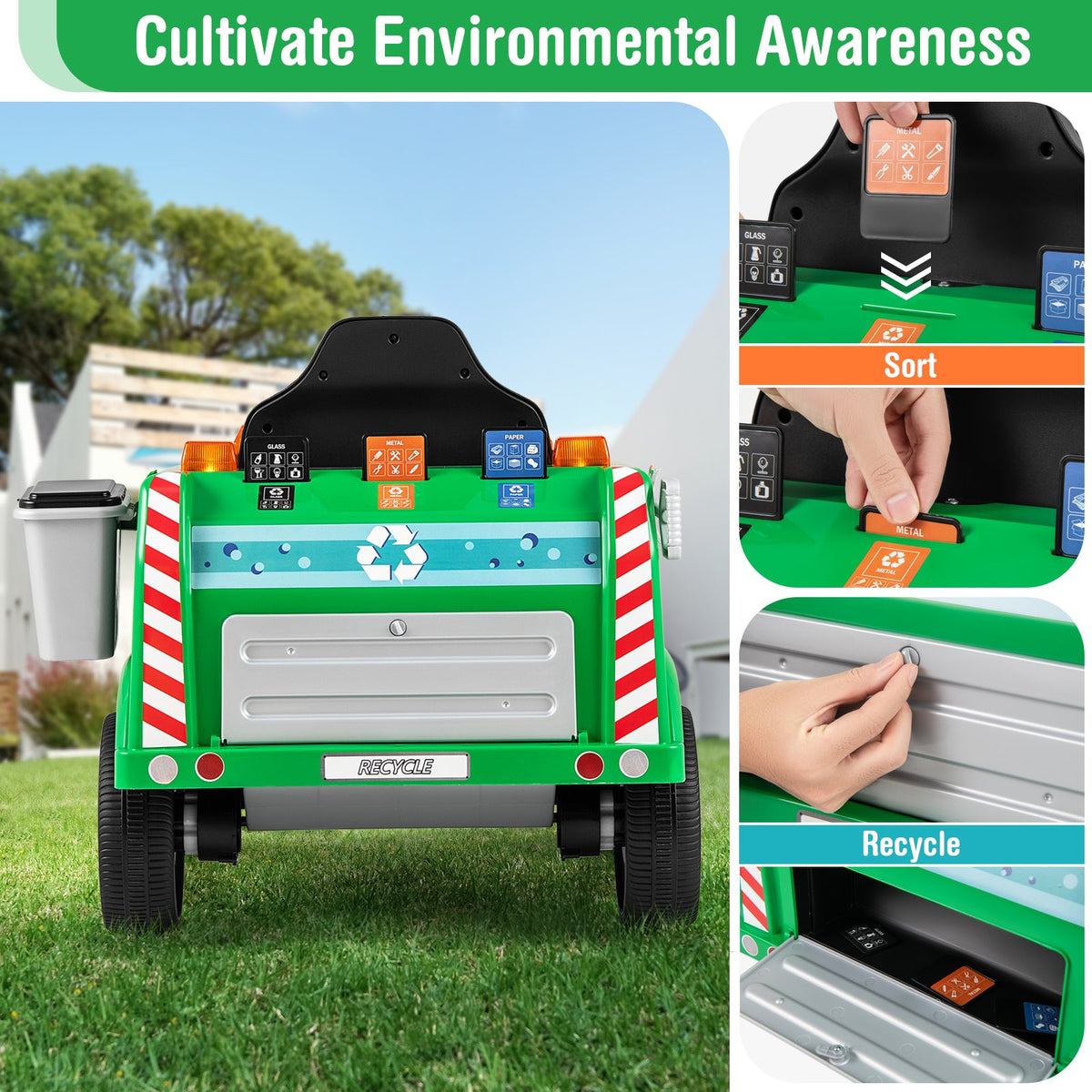 12V Battery Powered Electric Vehicle with Remote Control and Trash Bin-Green