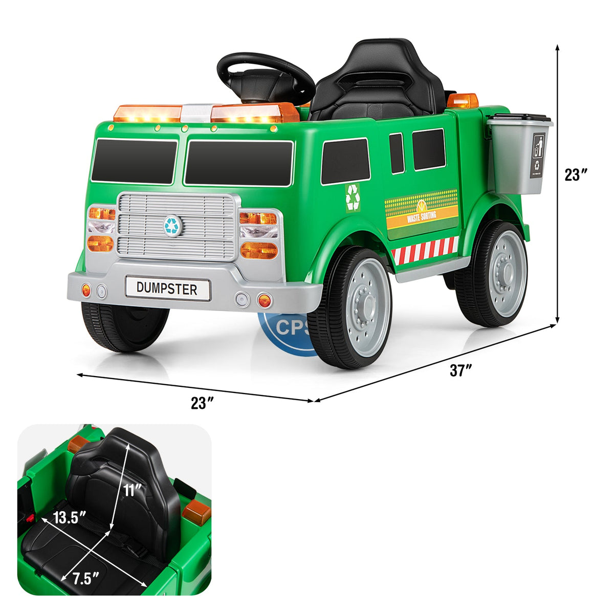 12V Battery Powered Electric Vehicle with Remote Control and Trash Bin-Green