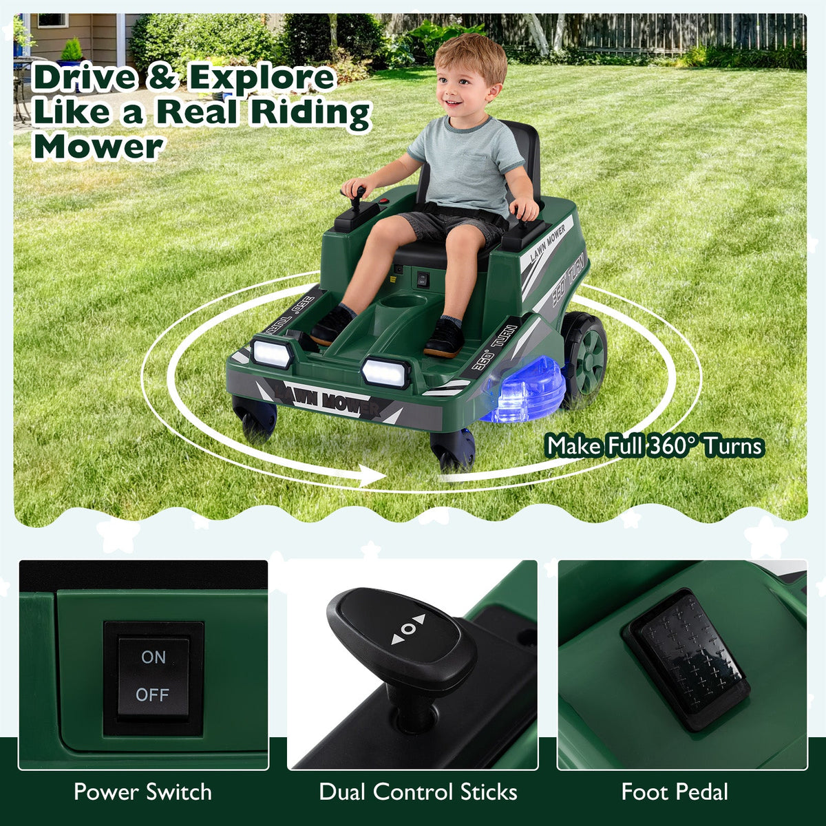12V Ride on Lawn Mower for Kids with Dual Control Sticks and LED Lights