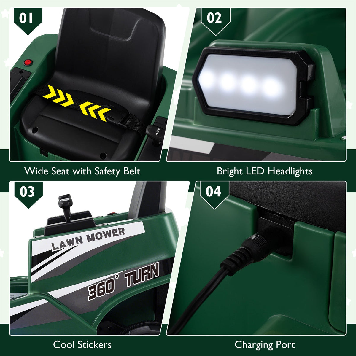 12V Ride on Lawn Mower for Kids with Dual Control Sticks and LED Lights