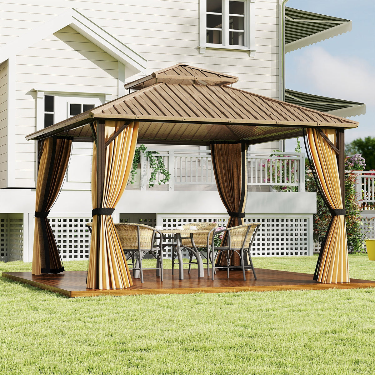 12 x 12 FT Hardtop Gazebo Outdoor Pergola for Patio Garden Deck Lawn Backyard Party Tent-Coffee